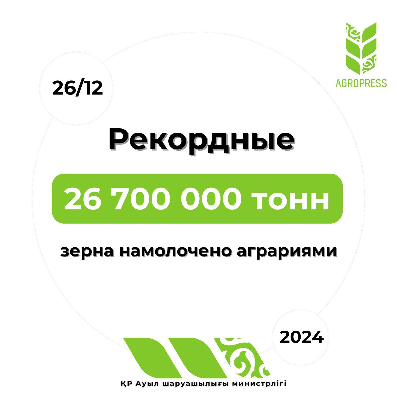 Рекордный урожай зерна: аграрии собрали 26,7 млн тонн